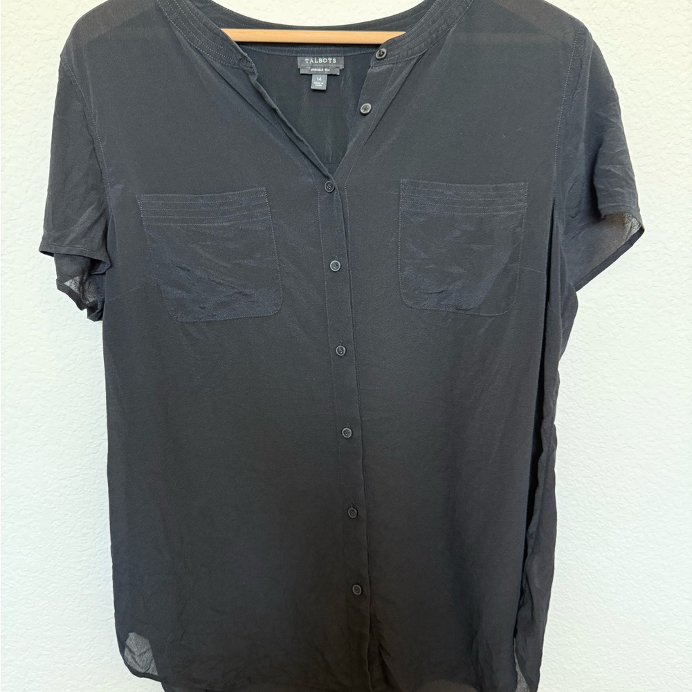 Talbots Washable Silk Black Button Down Shirt size 14